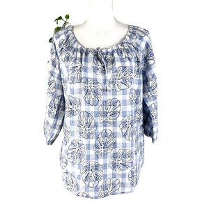 Rafaella Blouse Top Large Blue White Plaid Linen Floral Tropical Boho Tassels